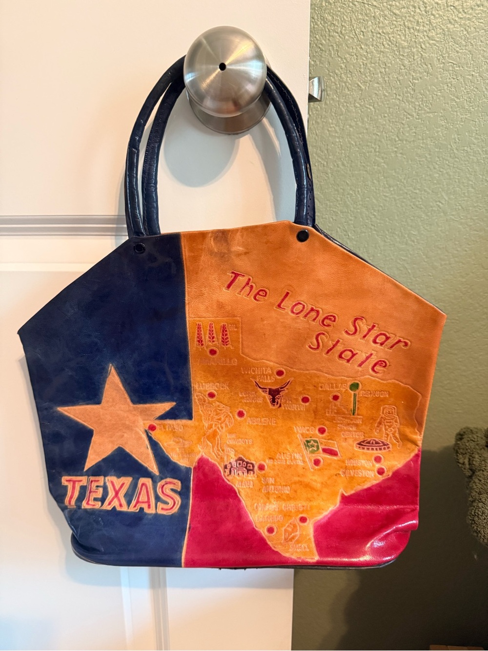 Vintage 1960s Texas-Themed Mini Bag in Blue, leather, and Red